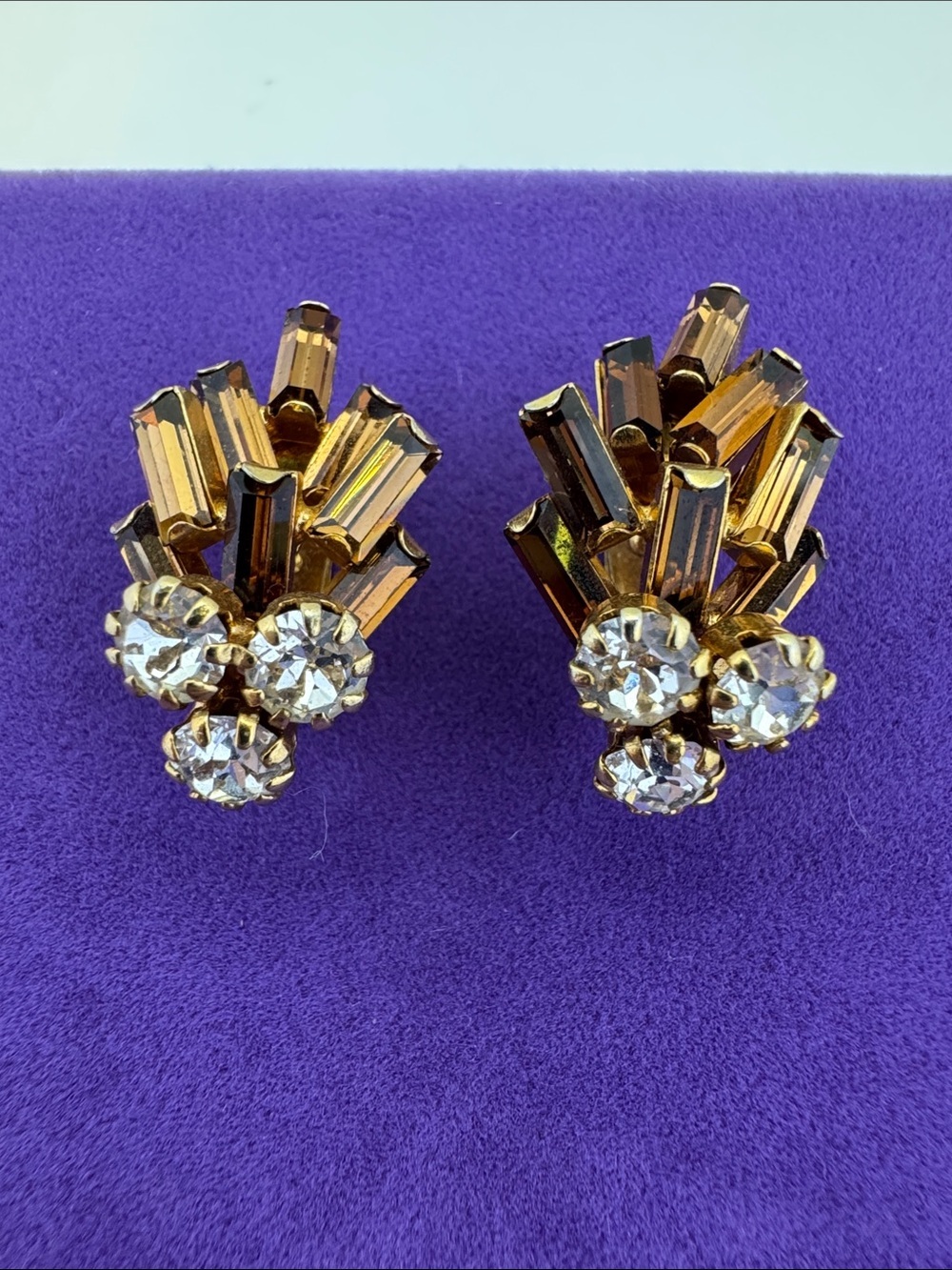 💛 Vintage Gold Plated Cognac Crystal Cluster Clip-On Earrings